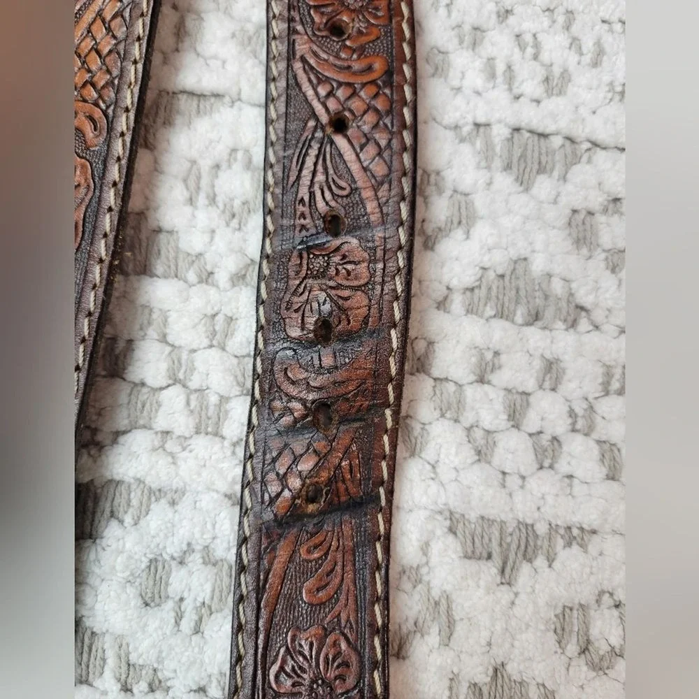 Belt Co Brown Tooled Leather Belt Men's Embellished Florid Western USA Size 38